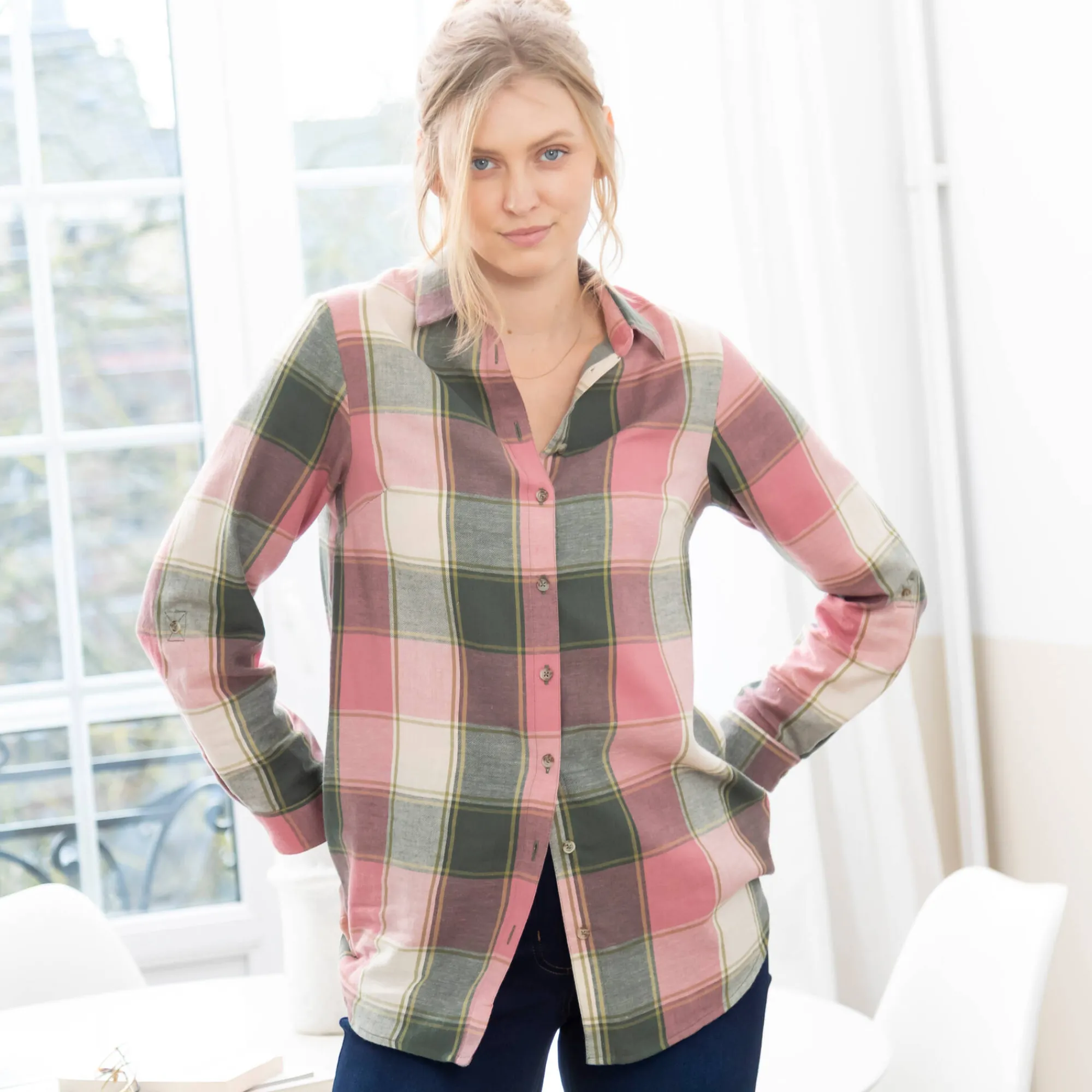 Bloes En Tuniek<Blancheporte Lang hemd in flanel met grote ruiten roze / groen