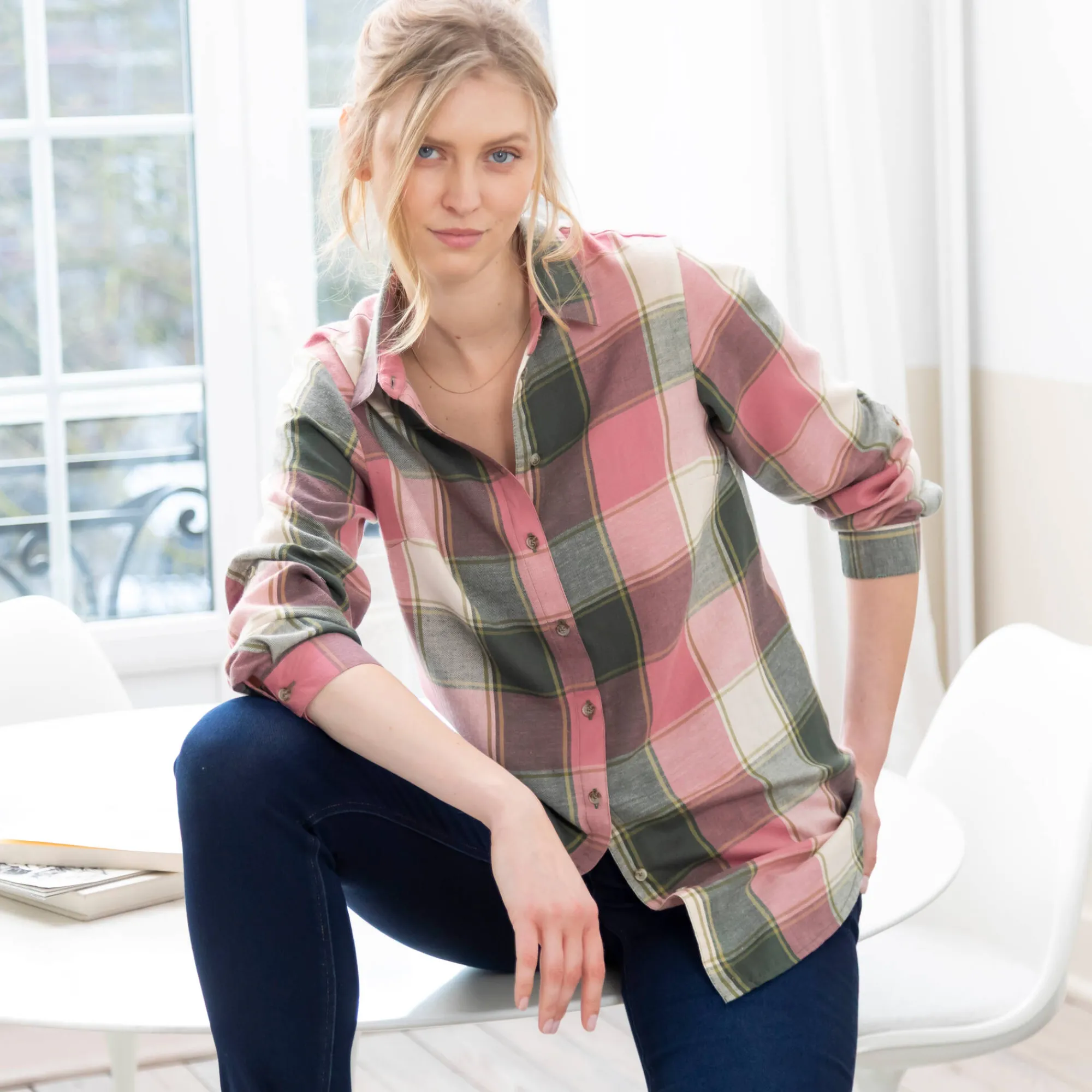 Bloes En Tuniek<Blancheporte Lang hemd in flanel met grote ruiten roze / groen