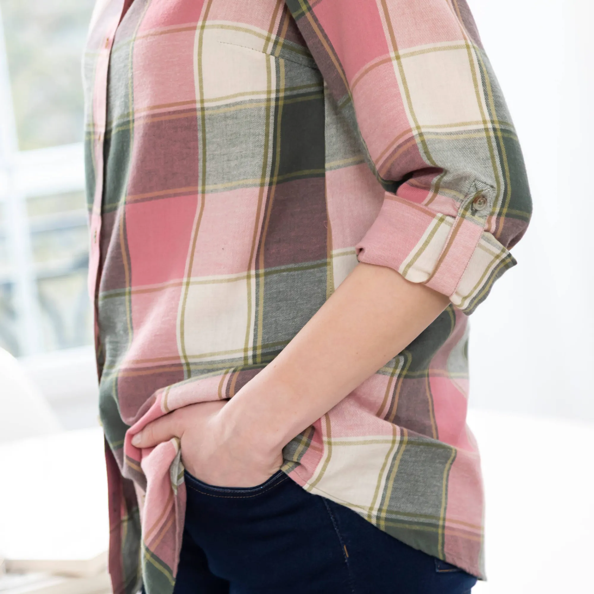 Bloes En Tuniek<Blancheporte Lang hemd in flanel met grote ruiten roze / groen