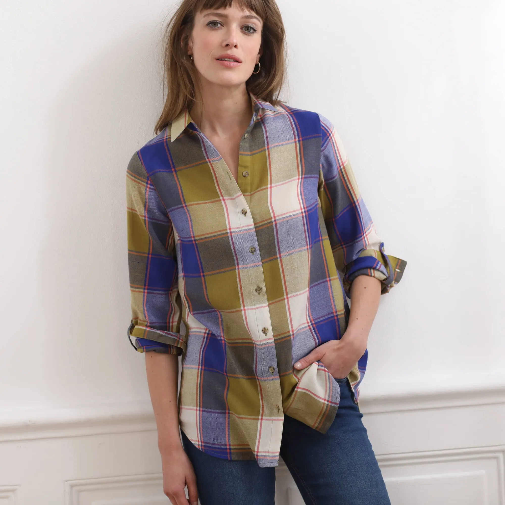 Bloes En Tuniek<Blancheporte Lang hemd in flanel met grote ruiten mosgroen / ecru