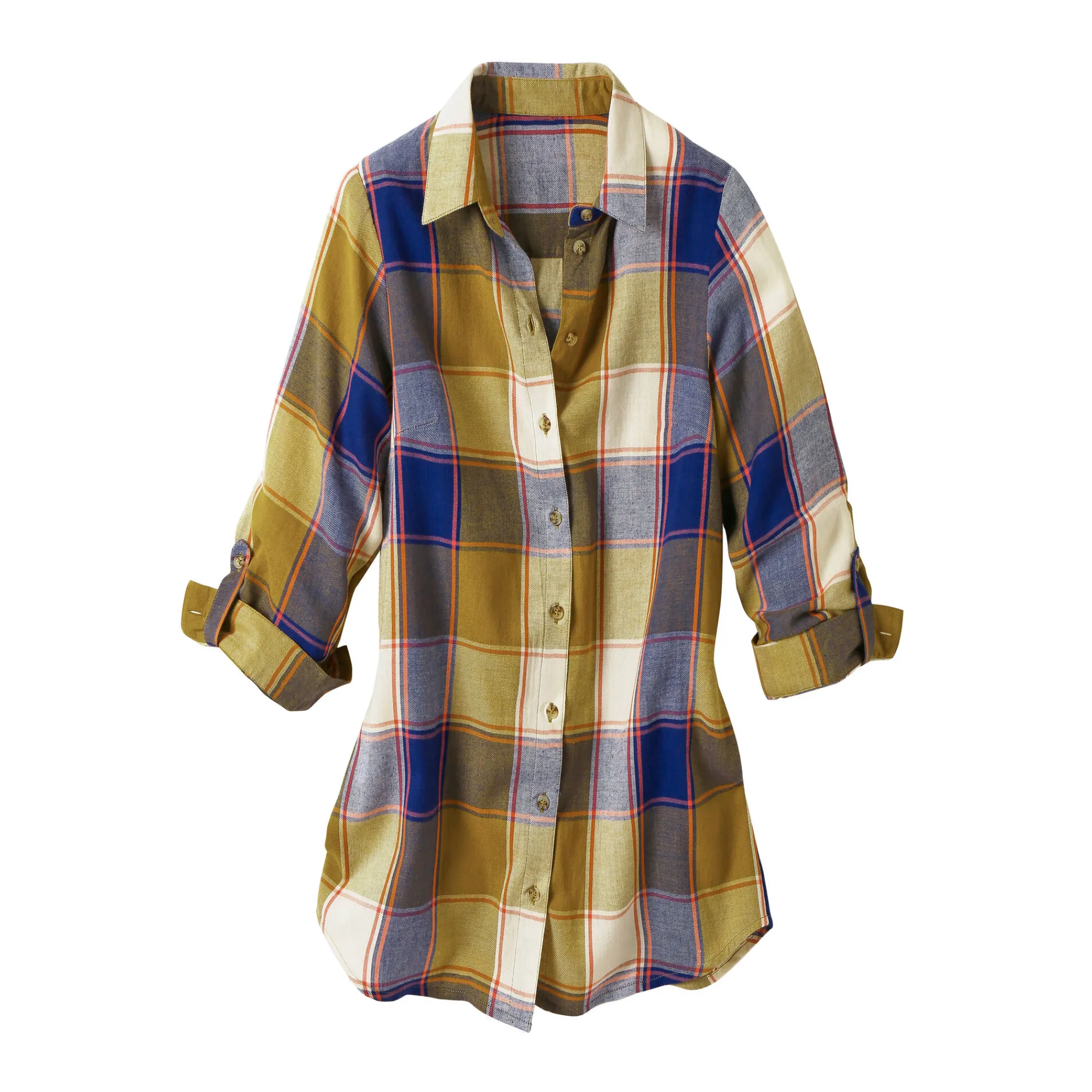Bloes En Tuniek<Blancheporte Lang hemd in flanel met grote ruiten mosgroen / ecru
