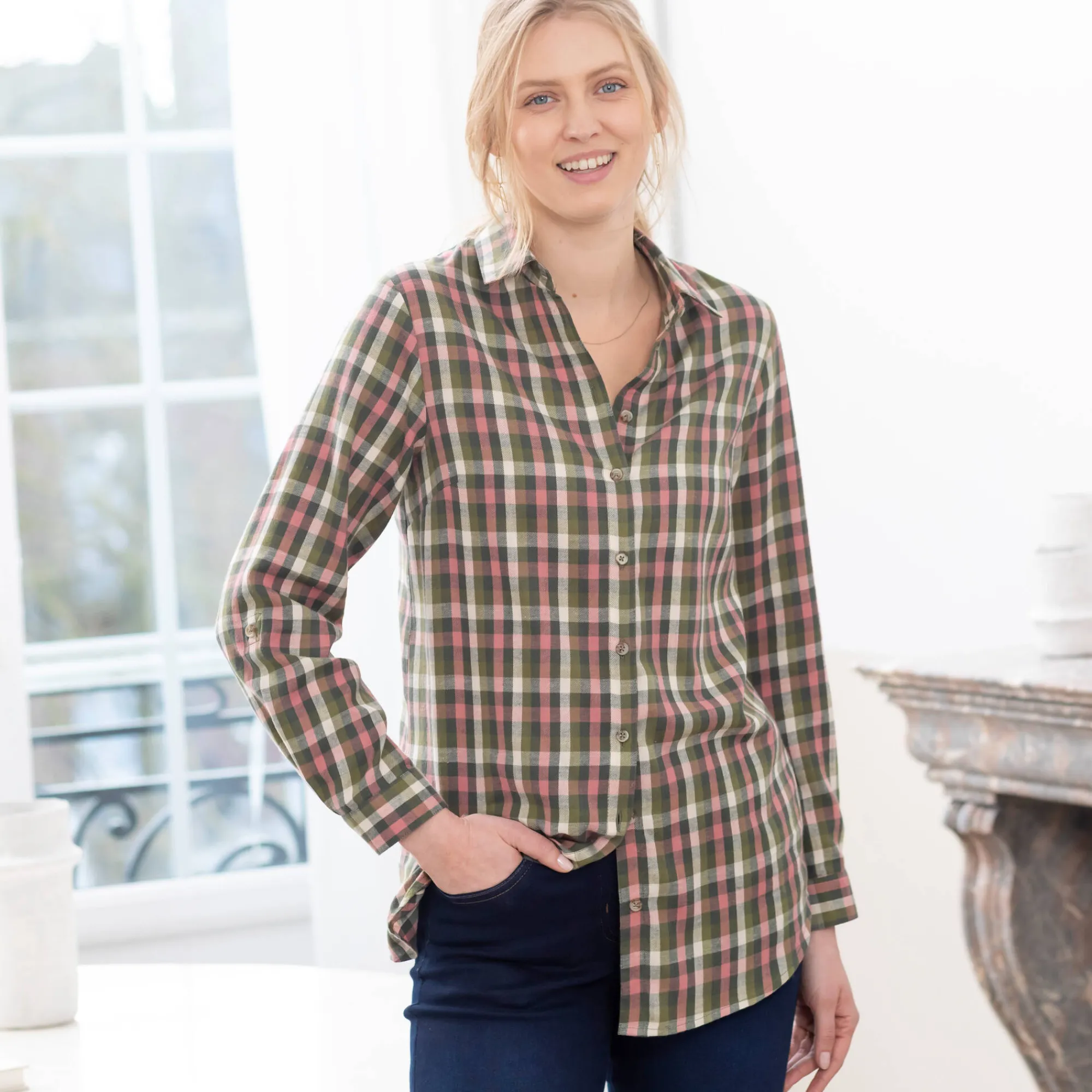 Bloes En Tuniek<Blancheporte Lang hemd met ingeweven ruitjes, flanel groen / roze