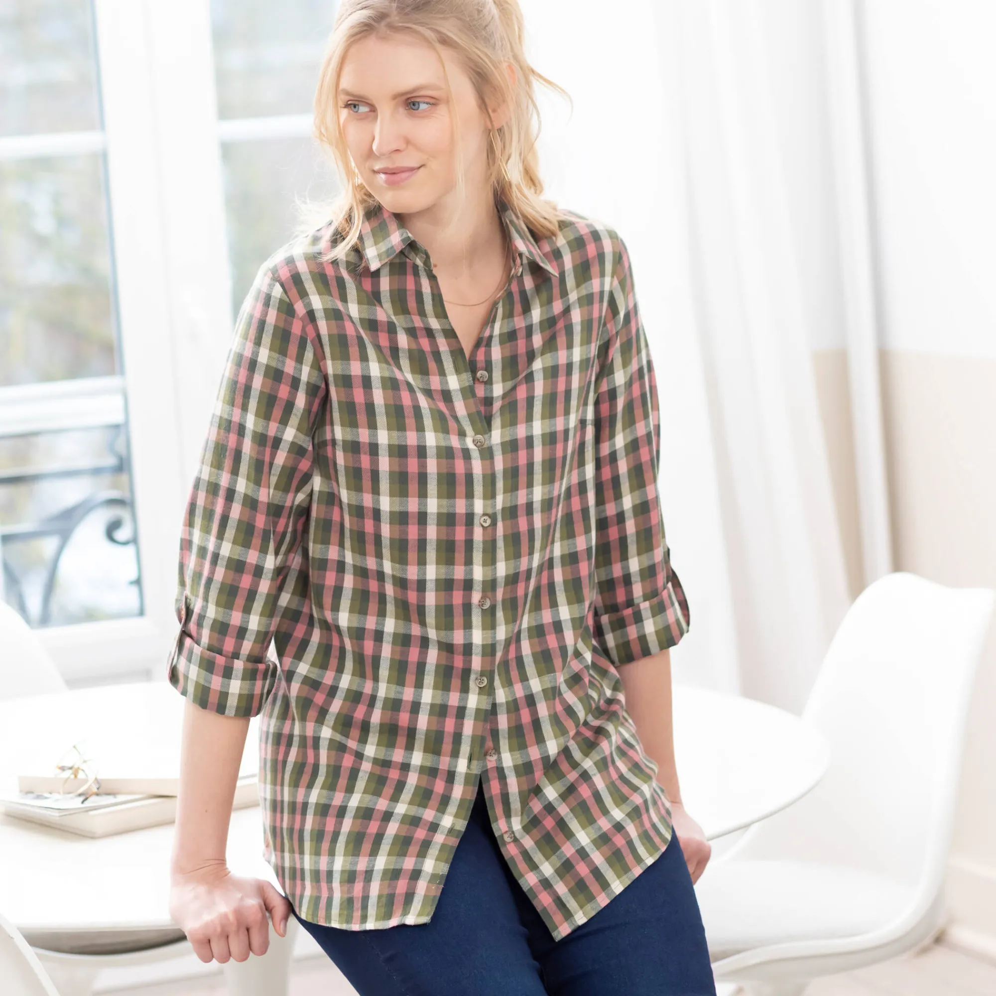 Bloes En Tuniek<Blancheporte Lang hemd met ingeweven ruitjes, flanel groen / roze