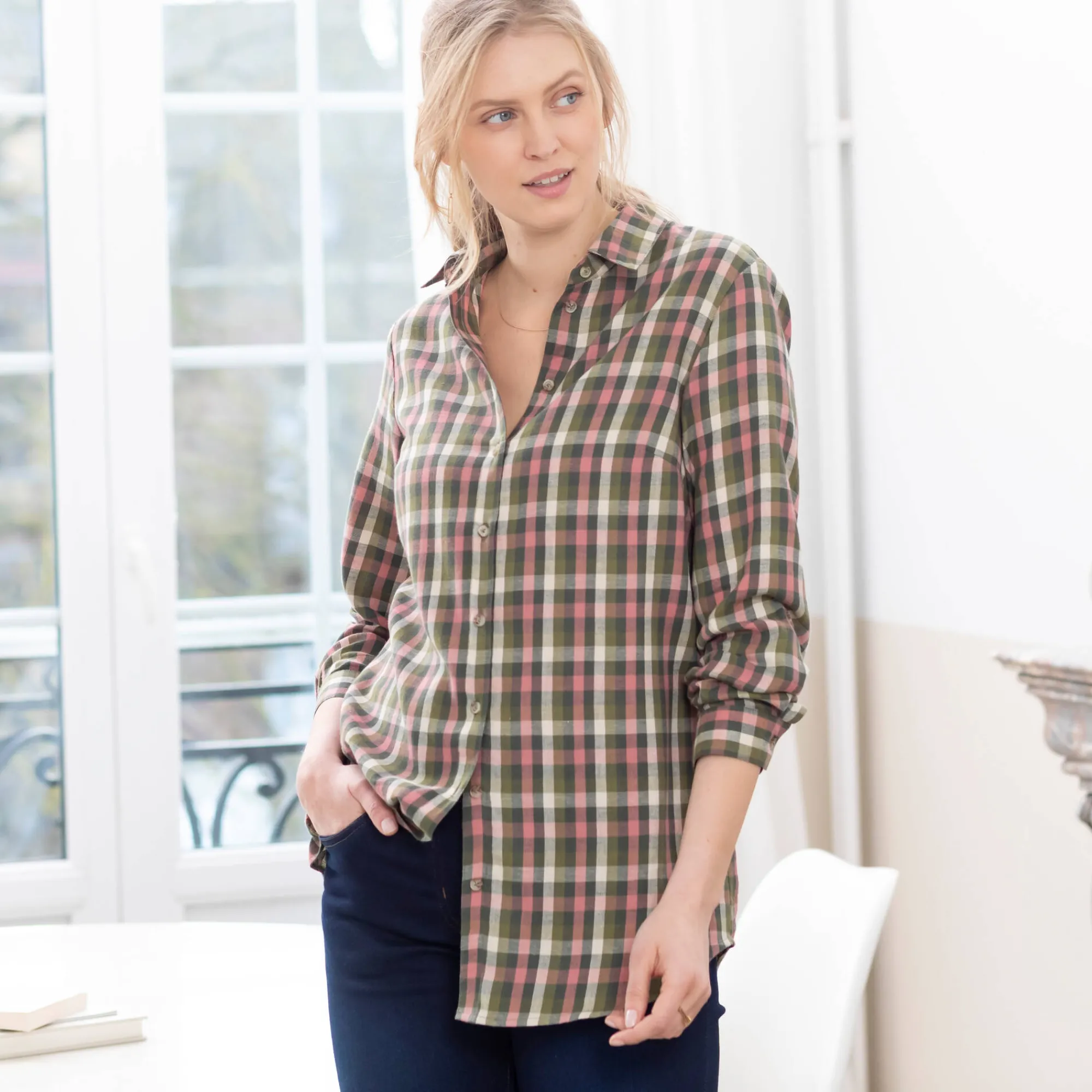 Bloes En Tuniek<Blancheporte Lang hemd met ingeweven ruitjes, flanel groen / roze