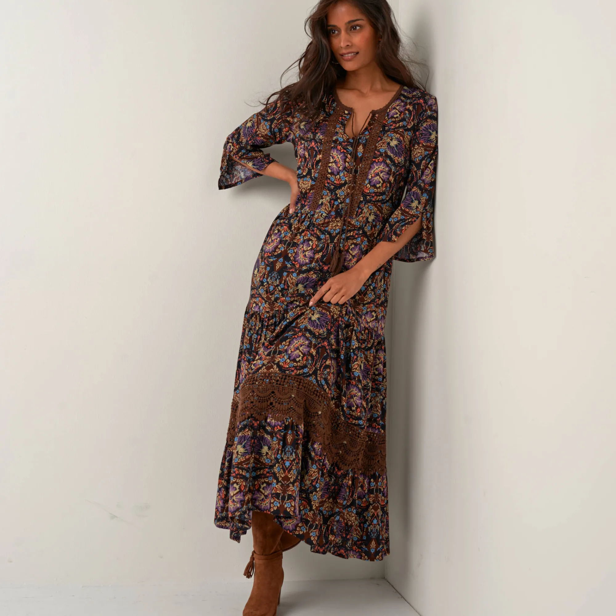 Jurk<Blancheporte Lange, bedrukte jurk chocolade / taupe