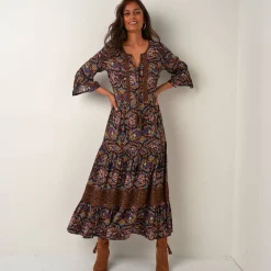 Jurk<Blancheporte Lange, bedrukte jurk chocolade / taupe