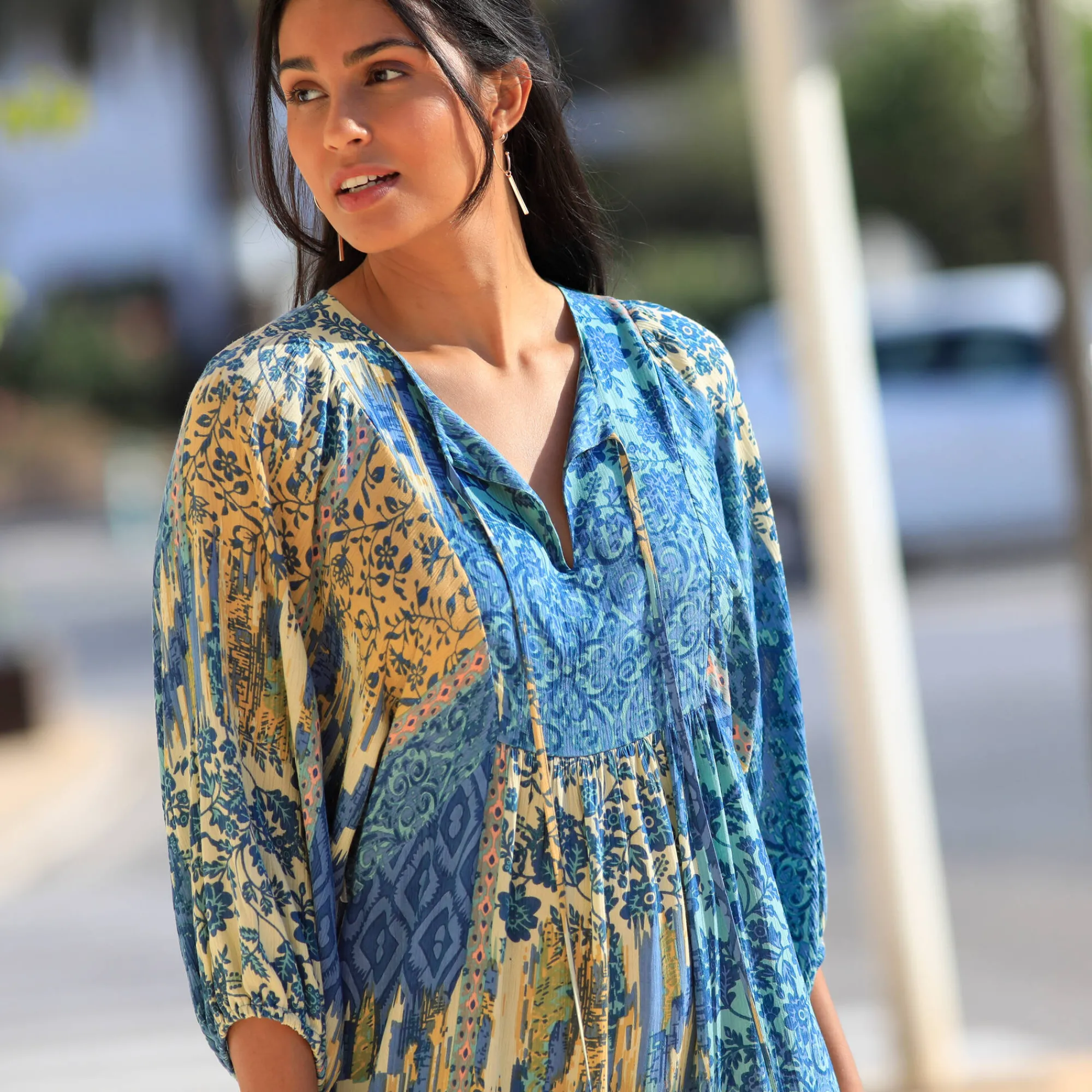 Jurk<Blancheporte Lange bedrukte jurk, crepon blauw / aqua