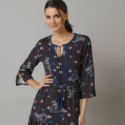Jurk<Lora Zellini Lange, bedrukte jurk met 3/4-mouwen, details in macramé marine