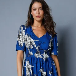 Jurk<Blancheporte Lange, bedrukte jurk, uitlopende mouwen blauw