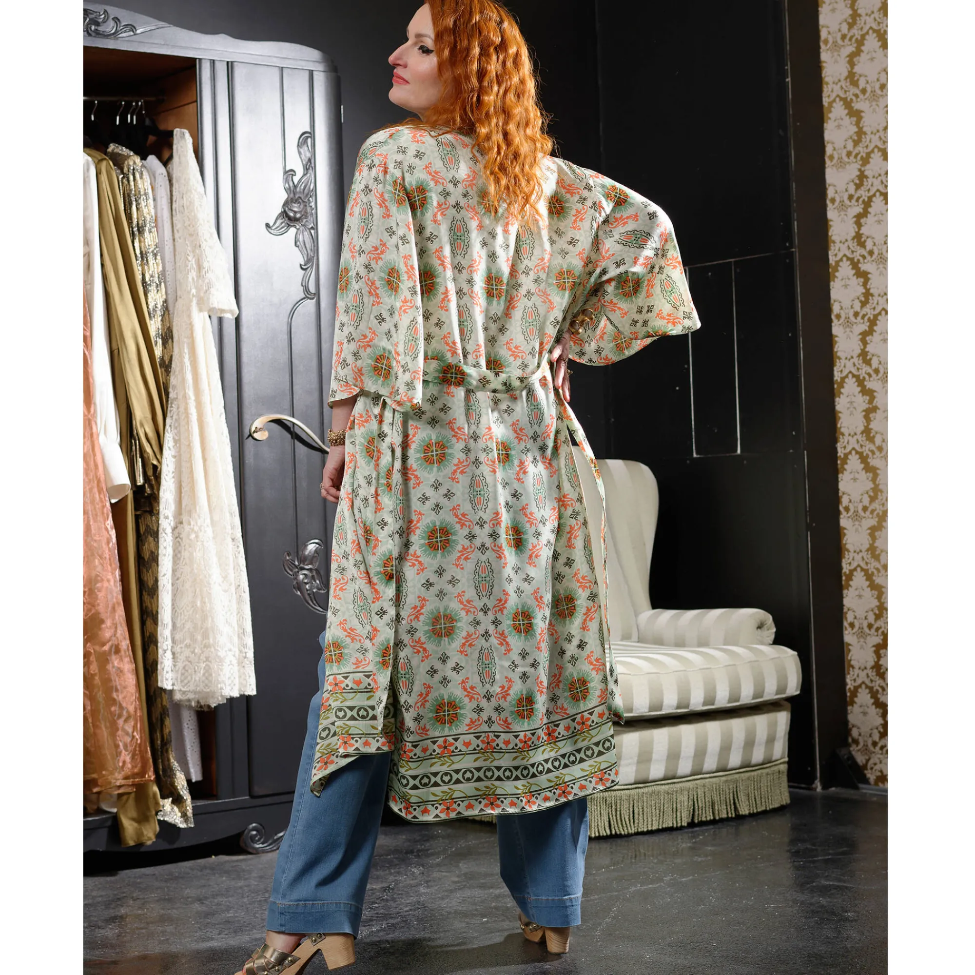 Bloes En Tuniek<Blancheporte Lange, bedrukte kimono « Roubaix Nostalgie » - Marilyn Feltz watergroen / koraal