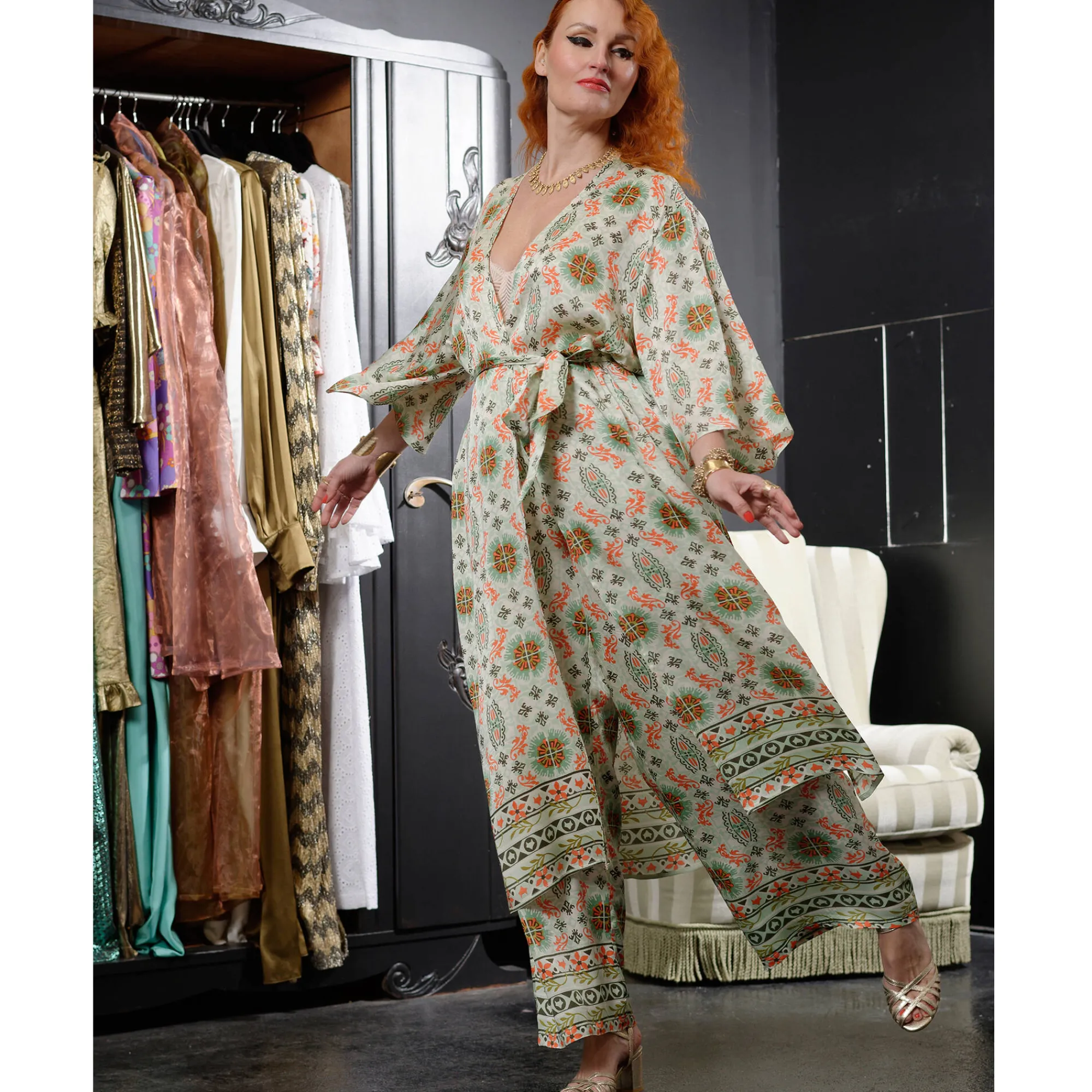 Bloes En Tuniek<Blancheporte Lange, bedrukte kimono « Roubaix Nostalgie » - Marilyn Feltz watergroen / koraal
