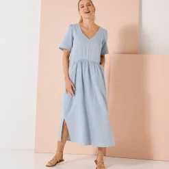 Jurk<Blancheporte Lange, effen jurk met V-hals, katoengaas grijsblauw