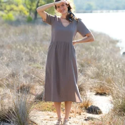 Jurk<Blancheporte Lange, effen jurk met V-hals, katoengaas taupe