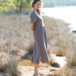 Jurk<Blancheporte Lange, effen jurk met V-hals, katoengaas taupe