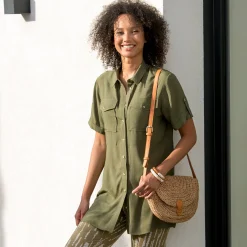 Bloes En Tuniek<Blancheporte Lange, effen tuniek in bloesmodel met zakken, korte mouwen kaki
