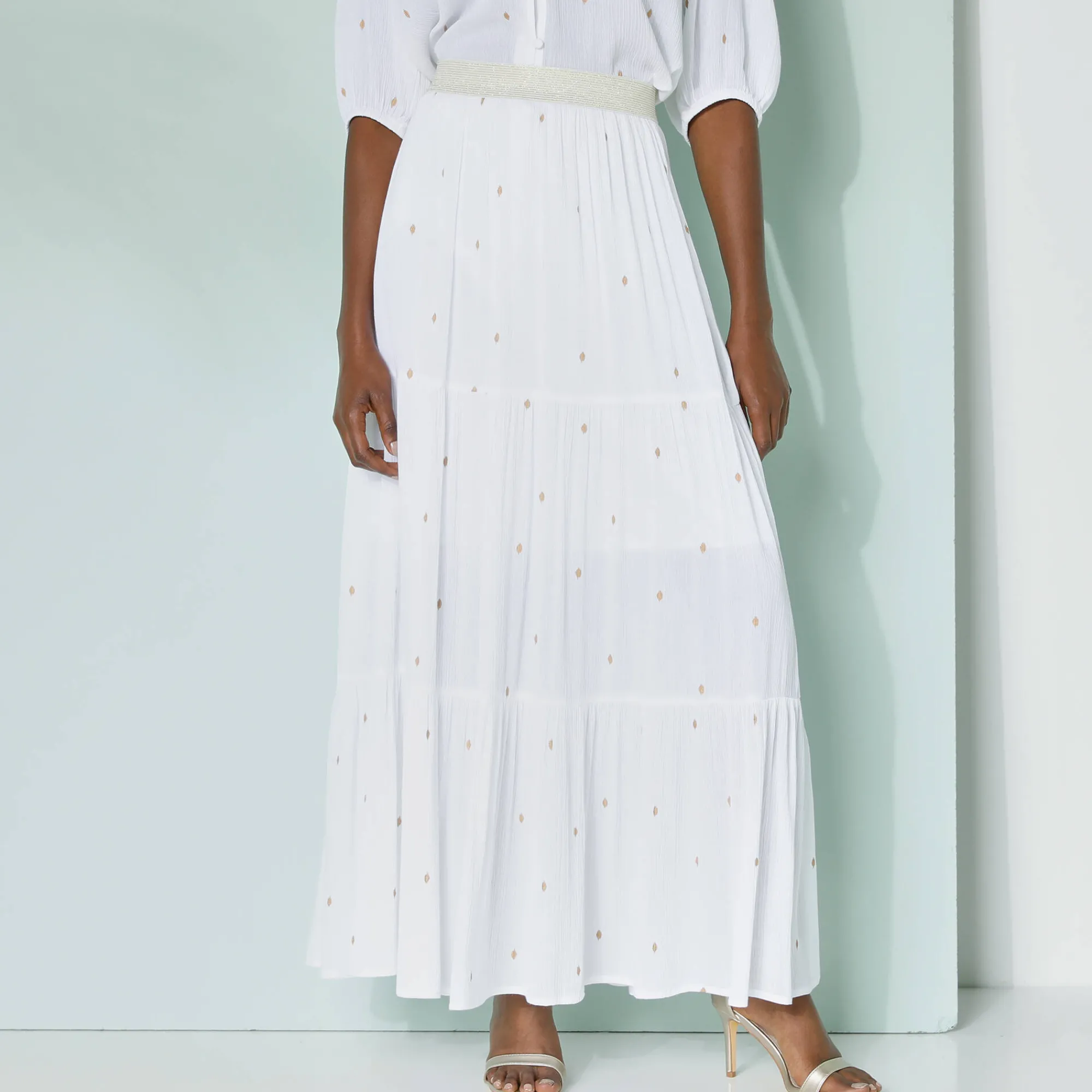Rok<Blancheporte Lange fronsrok met goudkleurige prints wit / goudkleurig