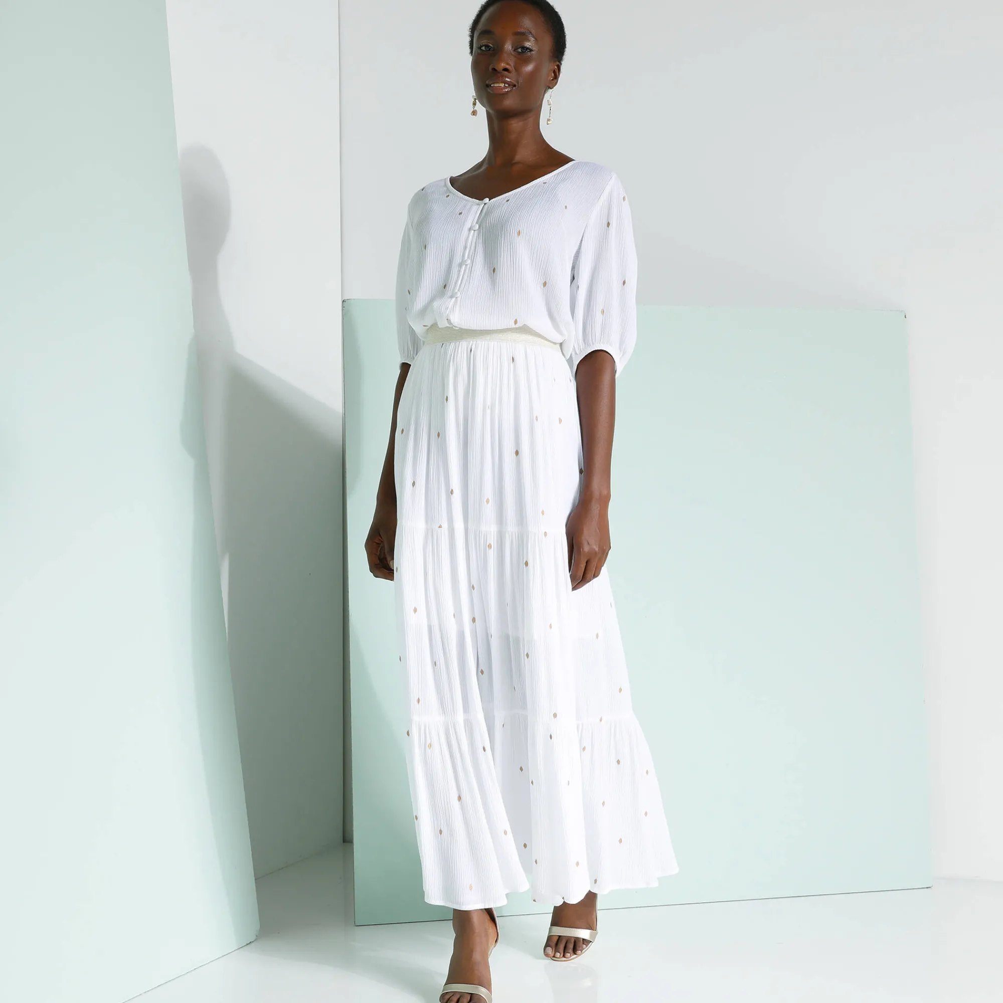 Rok<Blancheporte Lange fronsrok met goudkleurige prints wit / goudkleurig