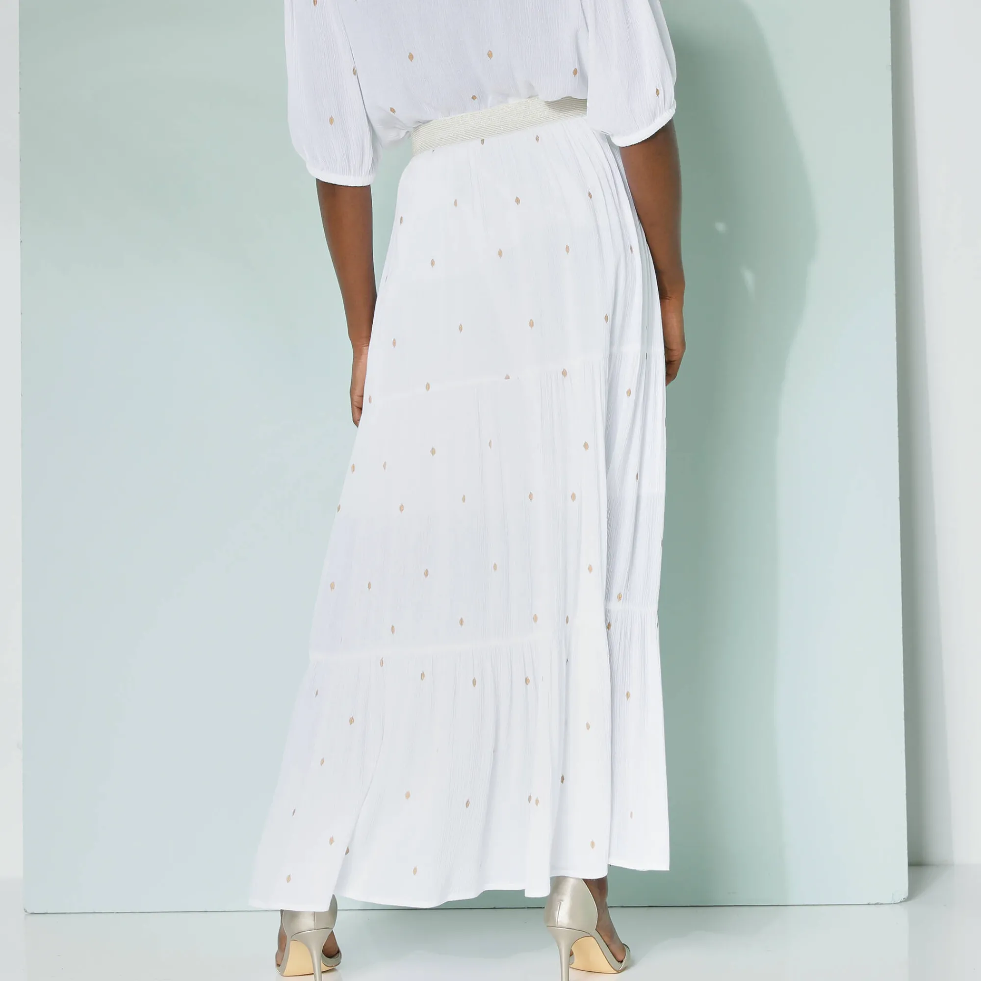 Rok<Blancheporte Lange fronsrok met goudkleurige prints wit / goudkleurig