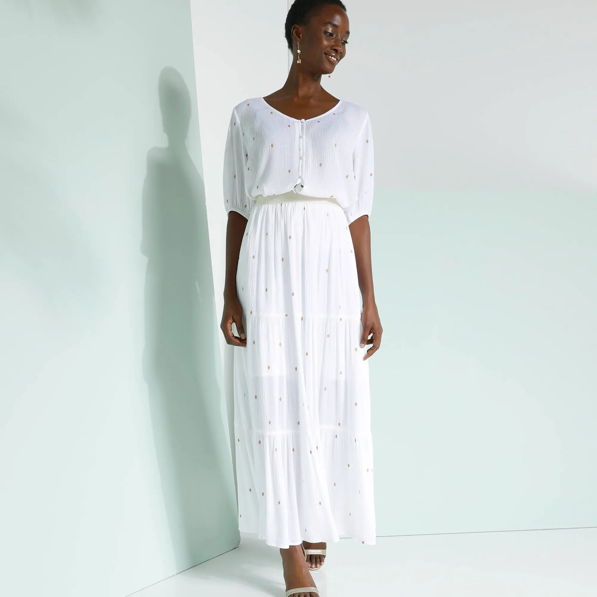 Rok<Blancheporte Lange fronsrok met goudkleurige prints wit / goudkleurig
