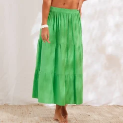 Rok<Blancheporte Lange fronsrok met stroken, katoengaas groen