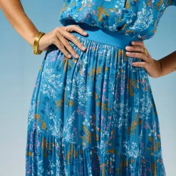 Rok<Blancheporte Lange fronsrok met stroken en bloemenprint, crepon blauw