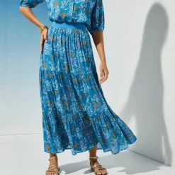 Rok<Blancheporte Lange fronsrok met stroken en bloemenprint, crepon blauw