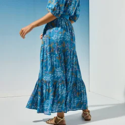 Rok<Blancheporte Lange fronsrok met stroken en bloemenprint, crepon blauw