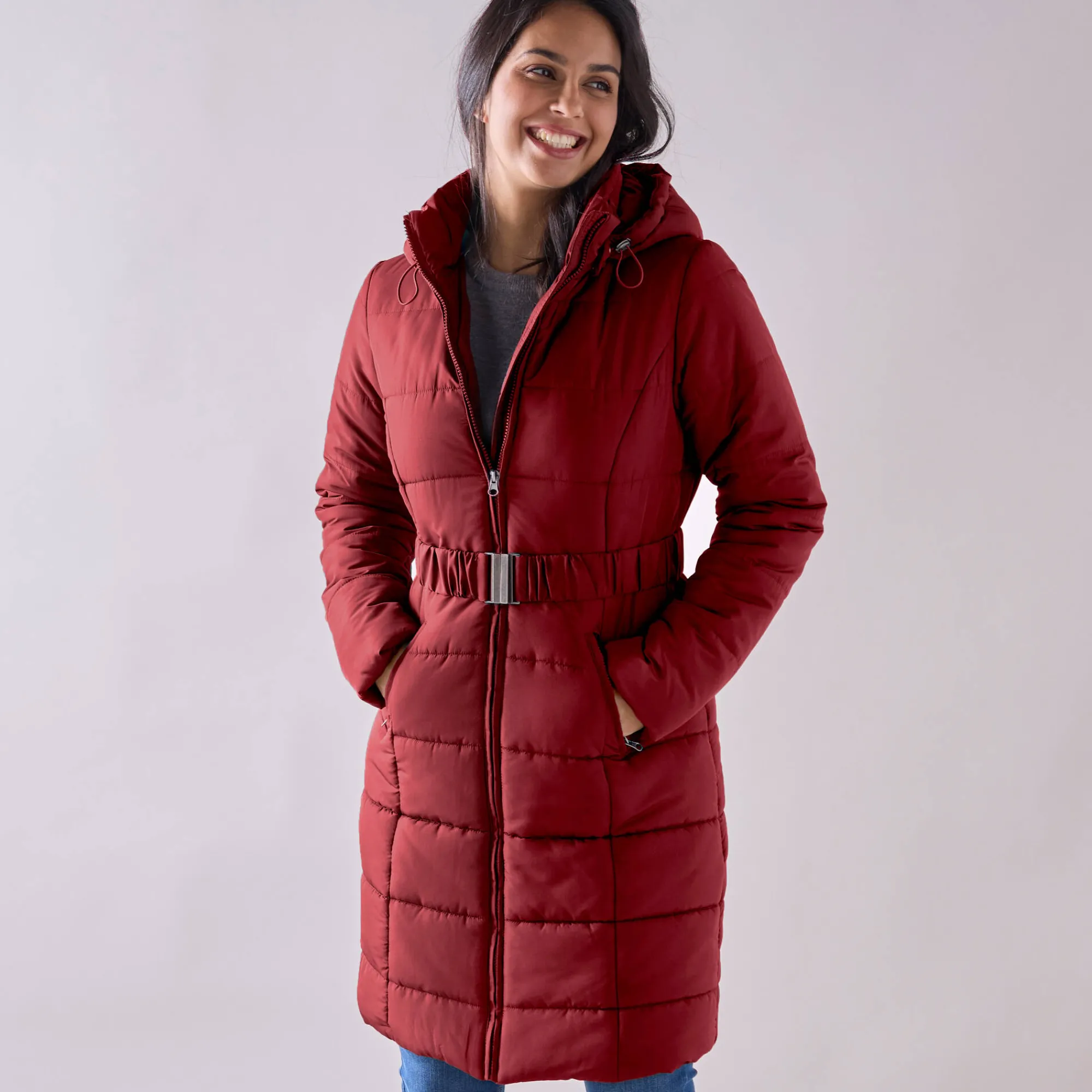 Parka En Donsjas<Colors&Co Lange gewatteerde jas met ceintuur donkerrood