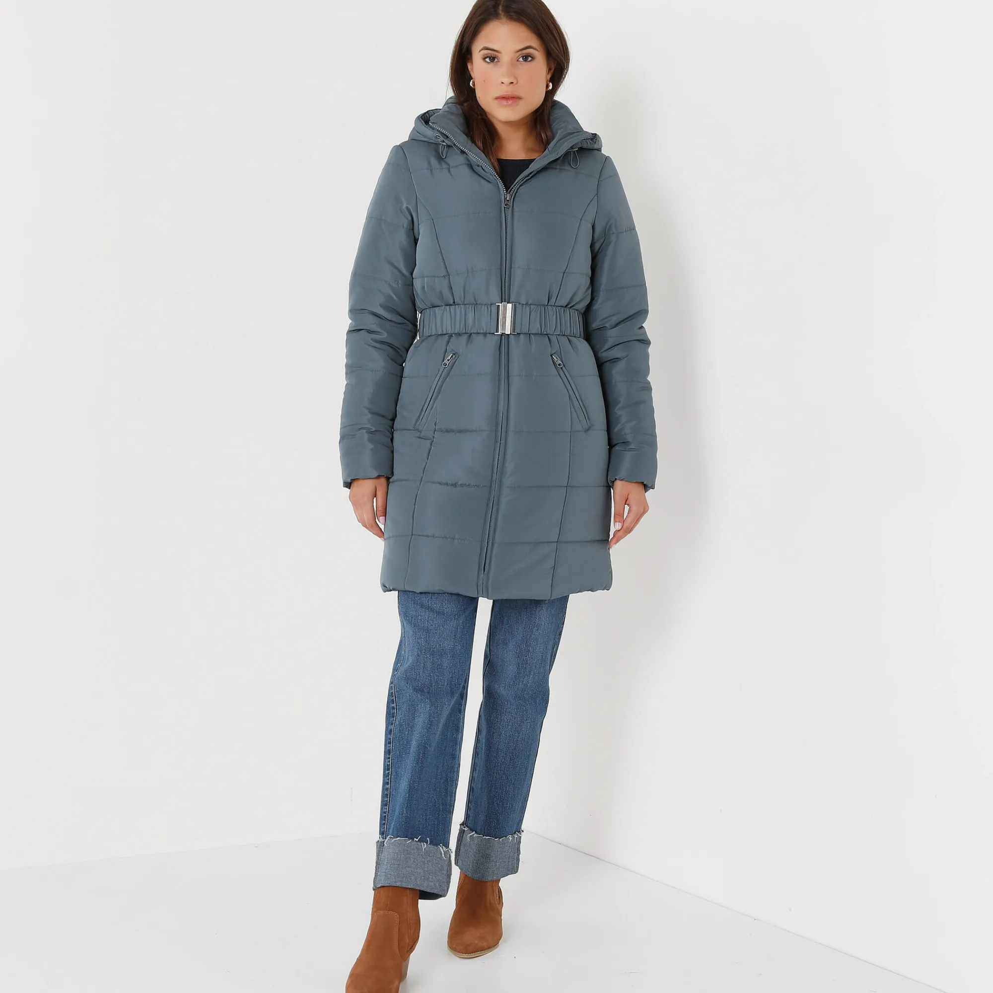 Parka En Donsjas<Colors&Co Lange gewatteerde jas met ceintuur blauwgrijs