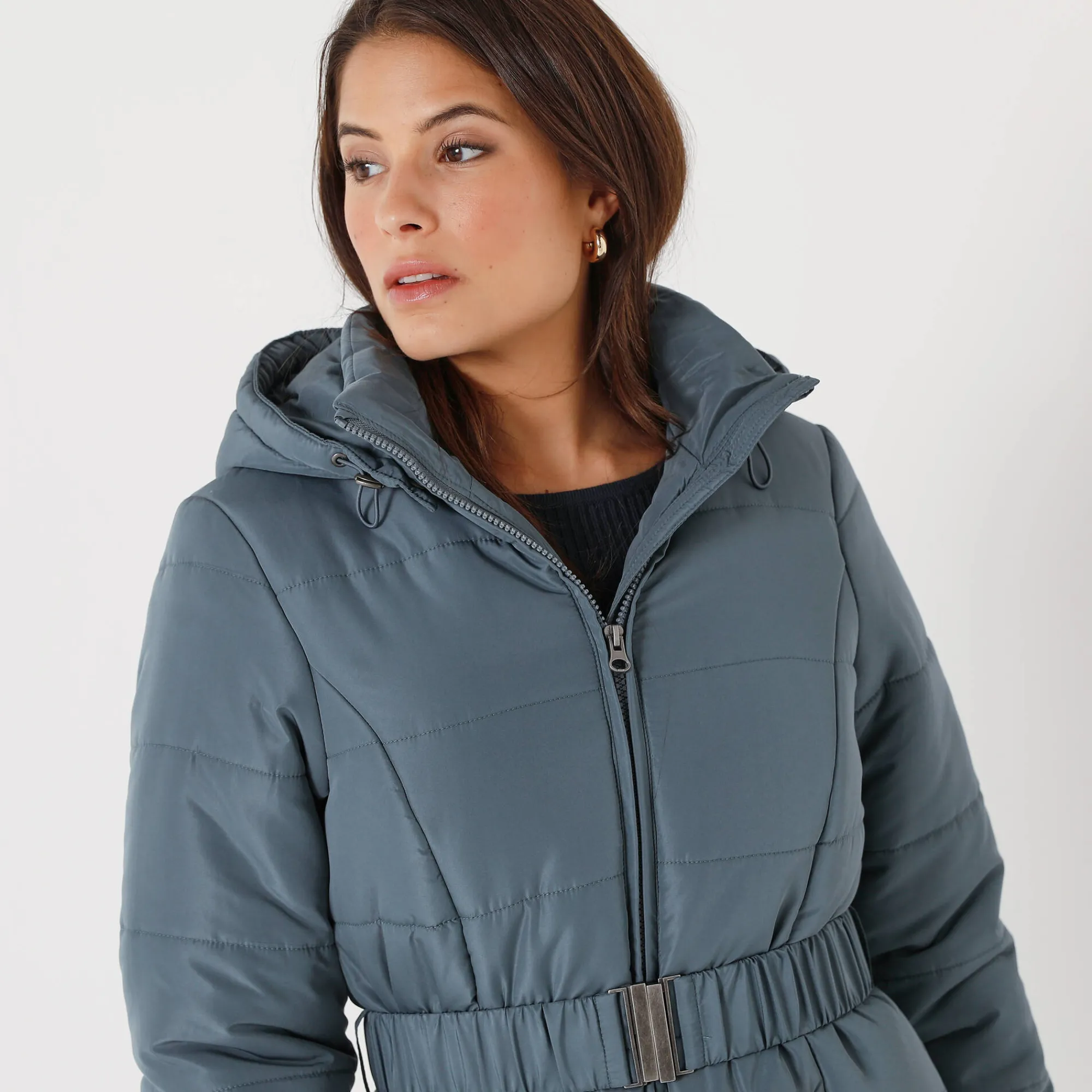 Parka En Donsjas<Colors&Co Lange gewatteerde jas met ceintuur blauwgrijs