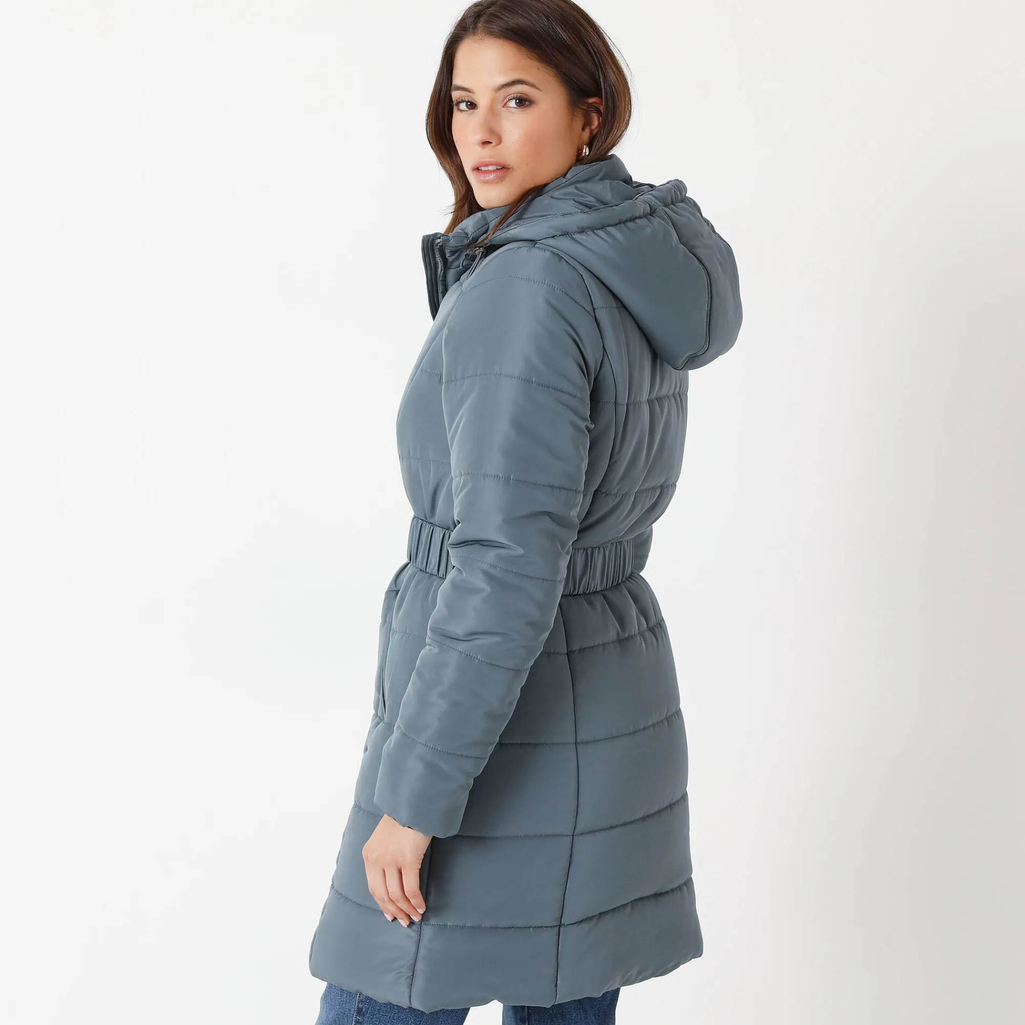 Parka En Donsjas<Colors&Co Lange gewatteerde jas met ceintuur blauwgrijs