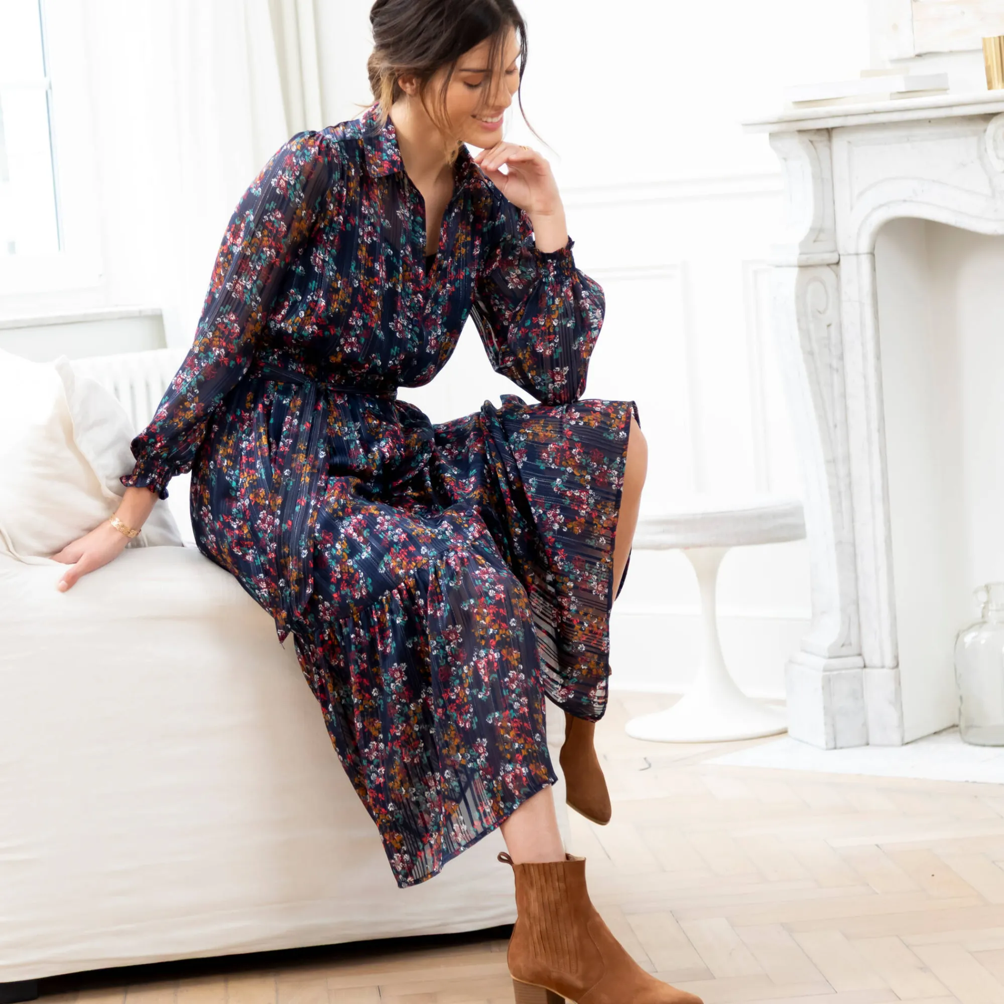 Jurk<Blancheporte Lange hemdjurk in jacquardvoile met bloemenprint marine / karamel