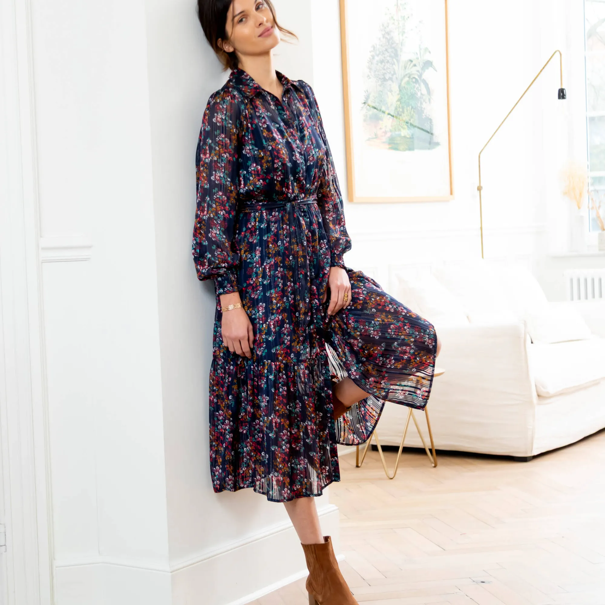Jurk<Blancheporte Lange hemdjurk in jacquardvoile met bloemenprint marine / karamel