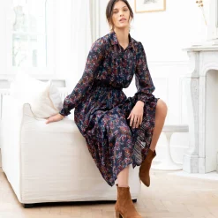 Jurk<Blancheporte Lange hemdjurk in jacquardvoile met bloemenprint marine / karamel