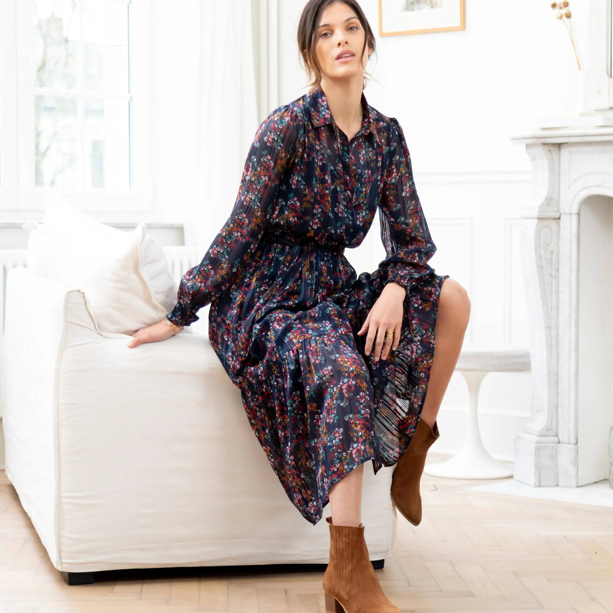 Jurk<Blancheporte Lange hemdjurk in jacquardvoile met bloemenprint marine / karamel