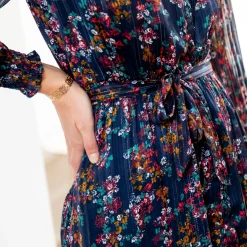 Jurk<Blancheporte Lange hemdjurk in jacquardvoile met bloemenprint marine / karamel