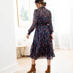 Jurk<Blancheporte Lange hemdjurk in jacquardvoile met bloemenprint marine / karamel