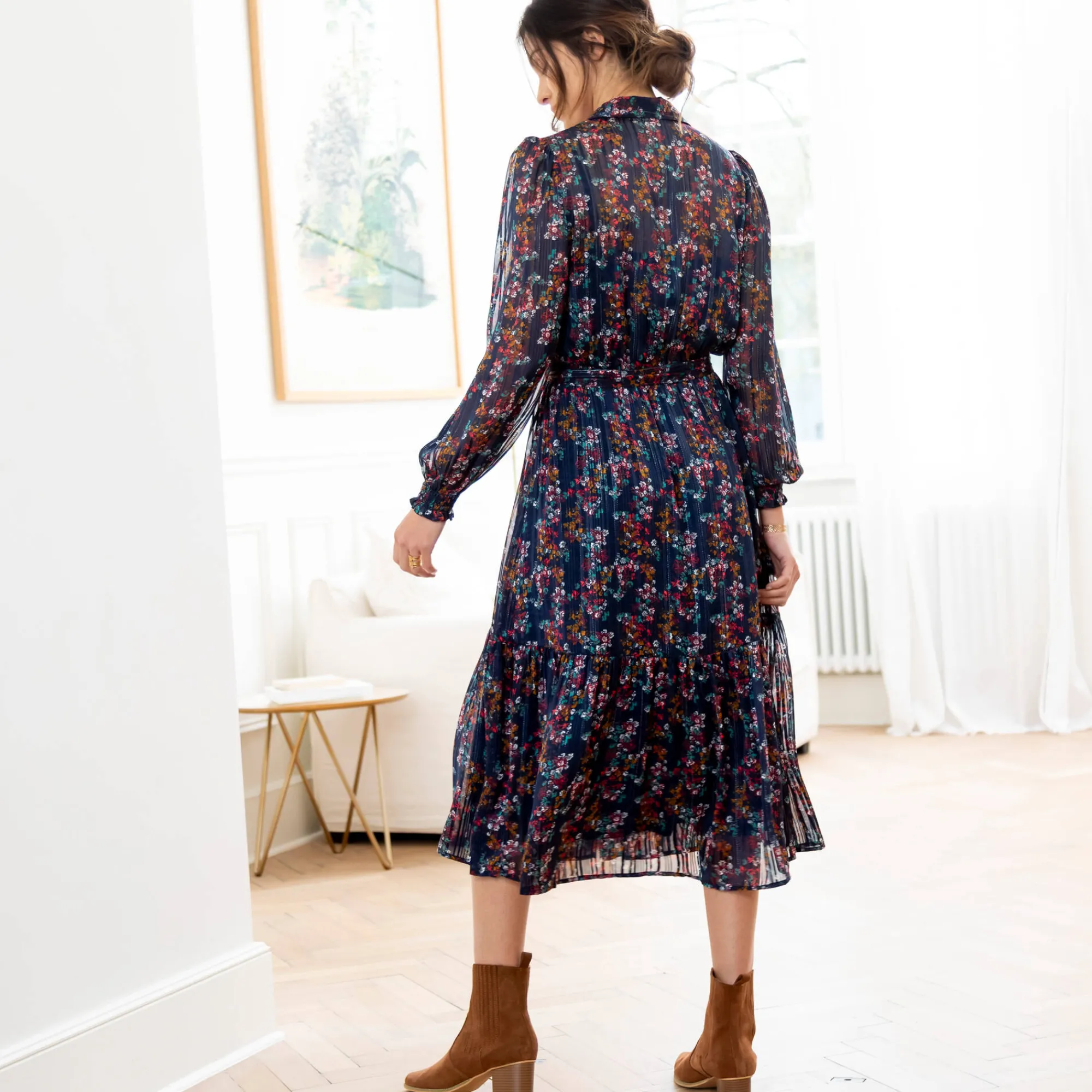 Jurk<Blancheporte Lange hemdjurk in jacquardvoile met bloemenprint marine / karamel