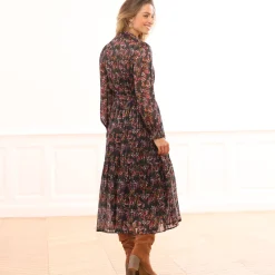 Feestoutfits Dames|Jurk<Blancheporte Lange hemdjurk in jacquardvoile met bloemenprint zwart / violine