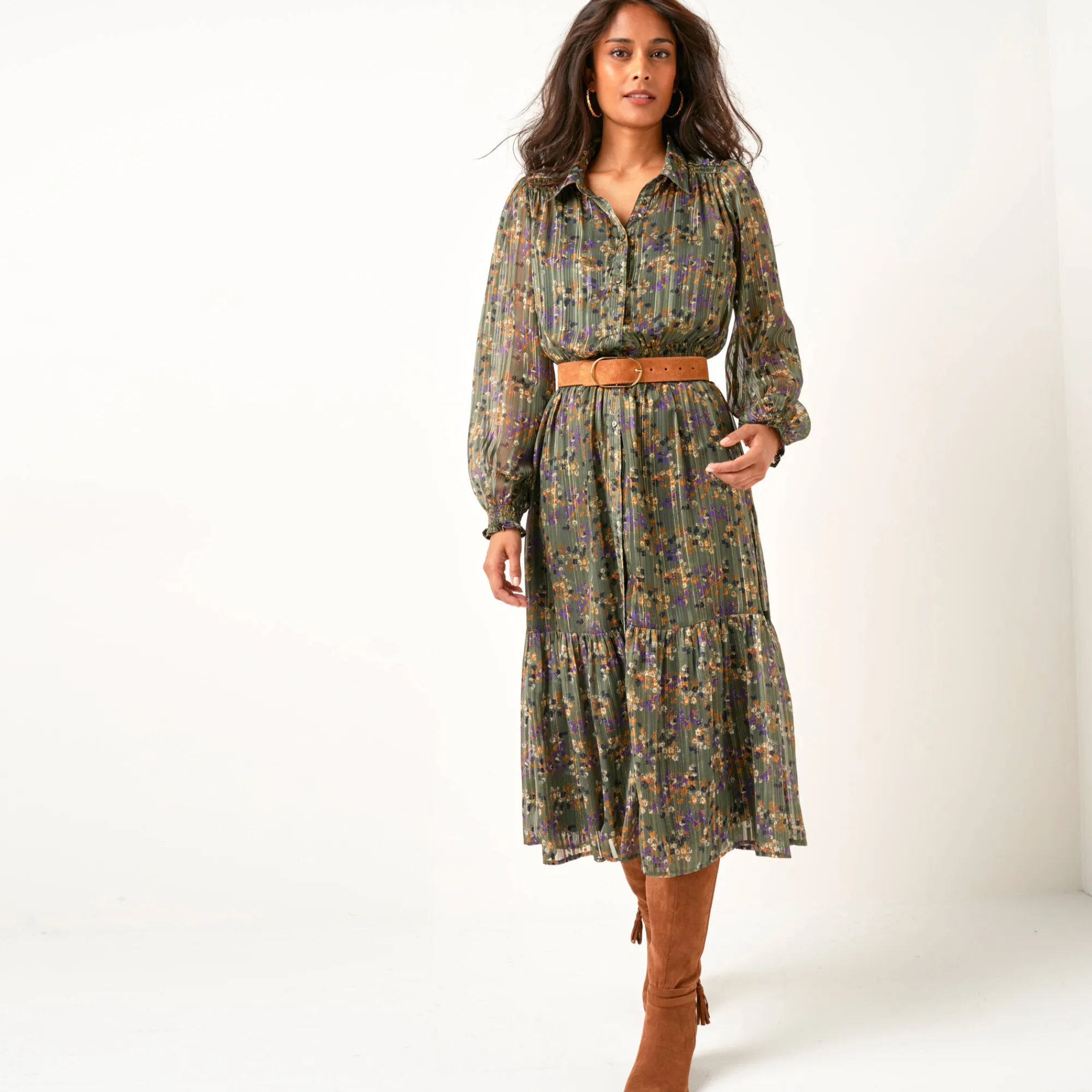 Jurk<Blancheporte Lange hemdjurk in jacquardvoile met bloemenprint kaki / karamel