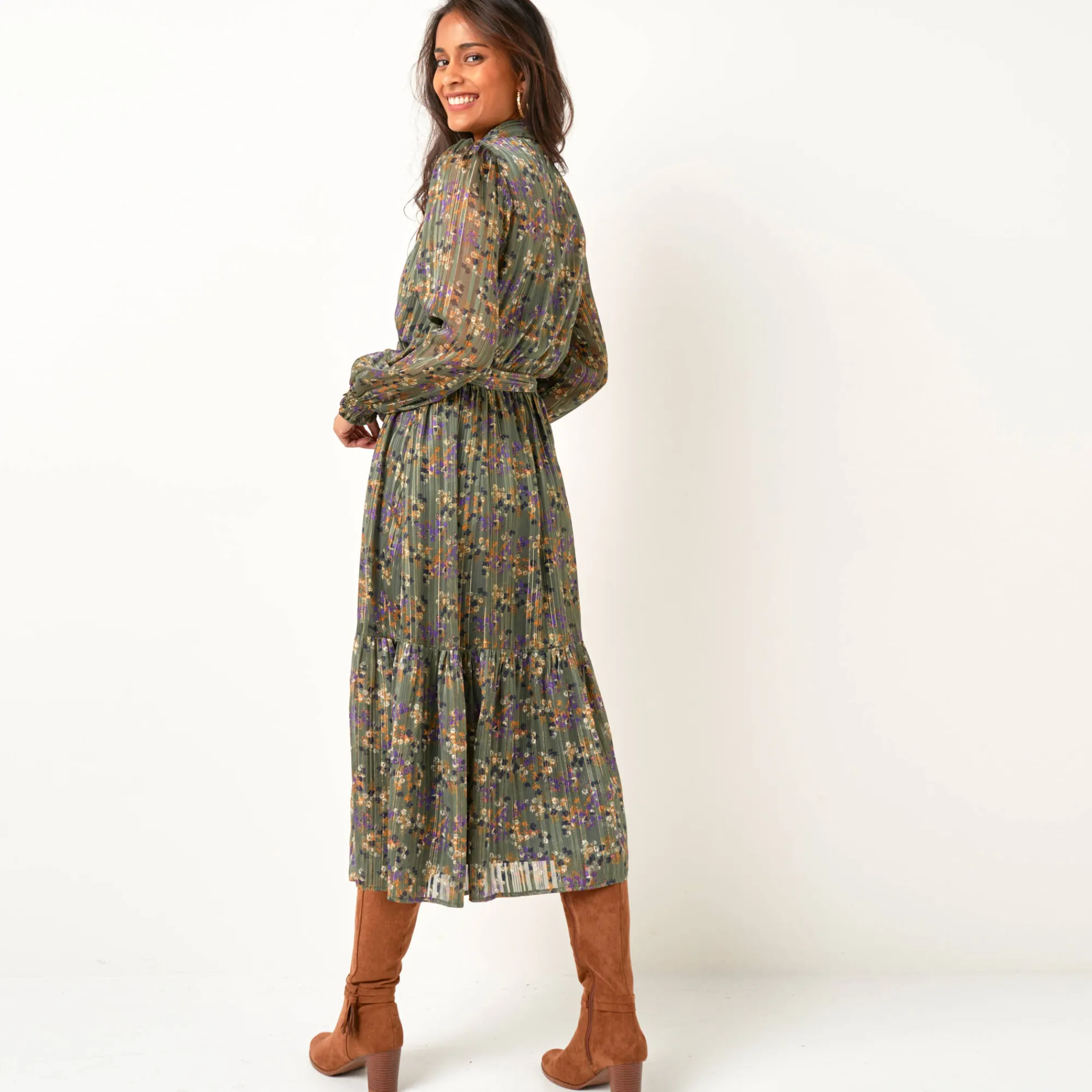 Jurk<Blancheporte Lange hemdjurk in jacquardvoile met bloemenprint kaki / karamel