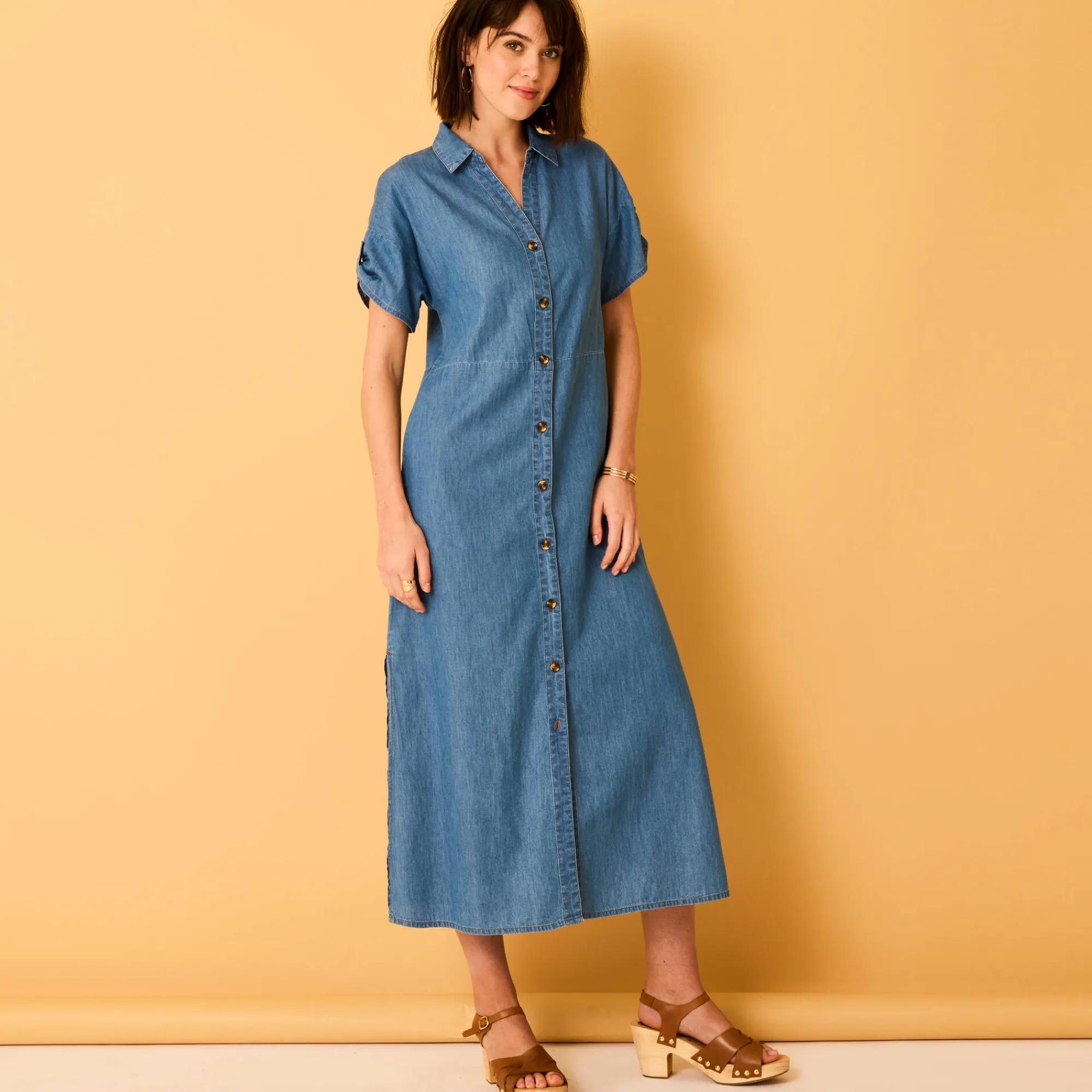 Jurk<Blancheporte Lange hemdjurk in jeans, korte mouwen stone