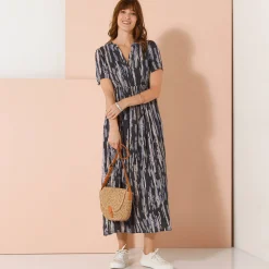 Jurk<Blancheporte Lange jurk in crepon, bedrukt marine / ecru