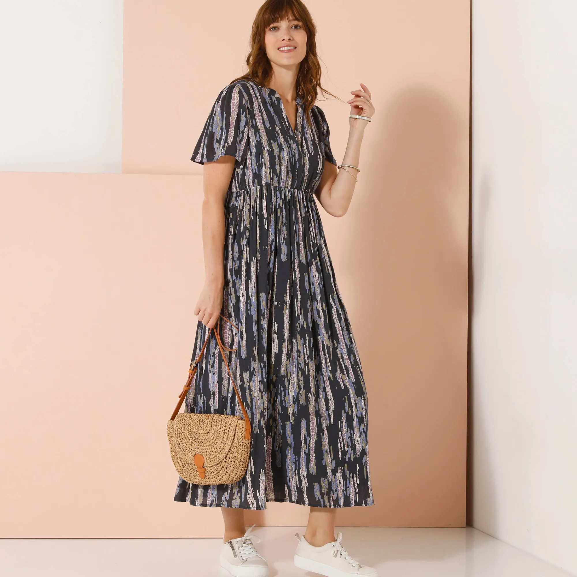 Jurk<Blancheporte Lange jurk in crepon, bedrukt marine / ecru