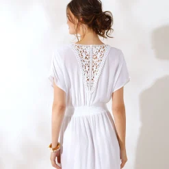 Jurk<Blancheporte Lange jurk in crepon, detail in macramé wit