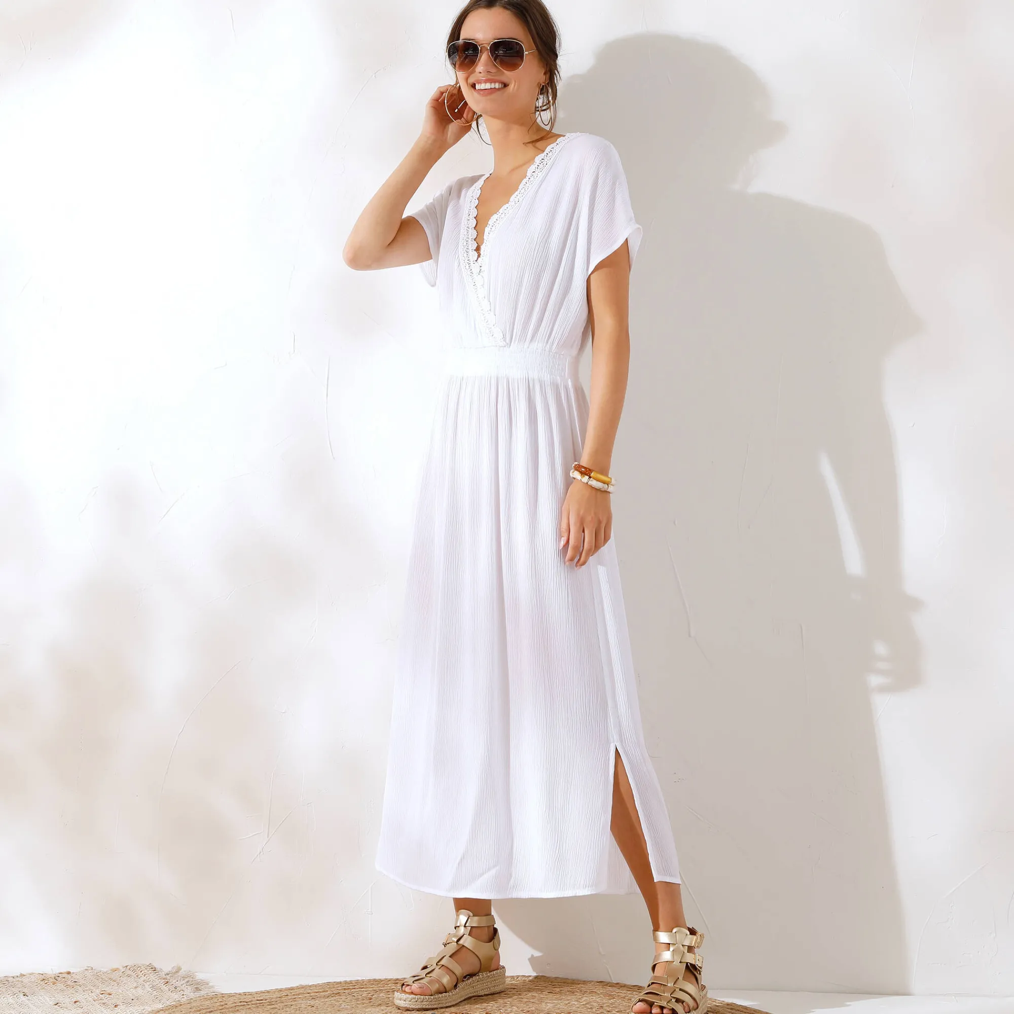Jurk<Blancheporte Lange jurk in crepon, detail in macramé wit