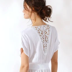 Jurk<Blancheporte Lange jurk in crepon, detail in macramé wit