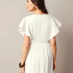 Jurk<Blancheporte Lange jurk in crepon, mouwen met stroken, 3D-borduursel ecru