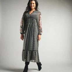 Jurk<Lora Zellini Lange jurk in voile, etnische print zwart / beige