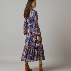 Feestoutfits Dames|Jurk<Lora Zellini Lange jurk in voile, Indiase bloemenprint blauw / beige